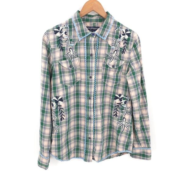 Driftwood "Lana" Pearl Snap Button Plaid Shirt Long Sleeve Embroidered Floral - Picture 2 of 16